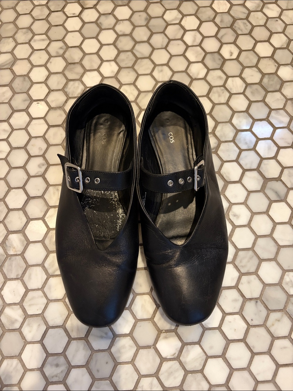 COS Black Leather Mary Jane Flats with Silver Buckle